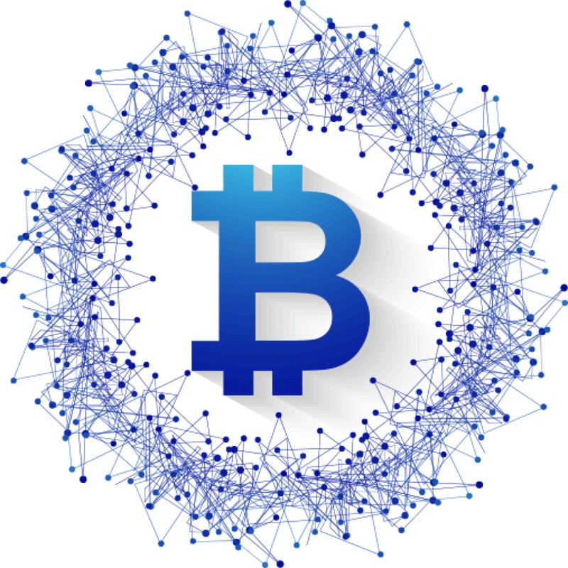 Blockchain ağı ile çevrelenmiş Bitcoin sembolü